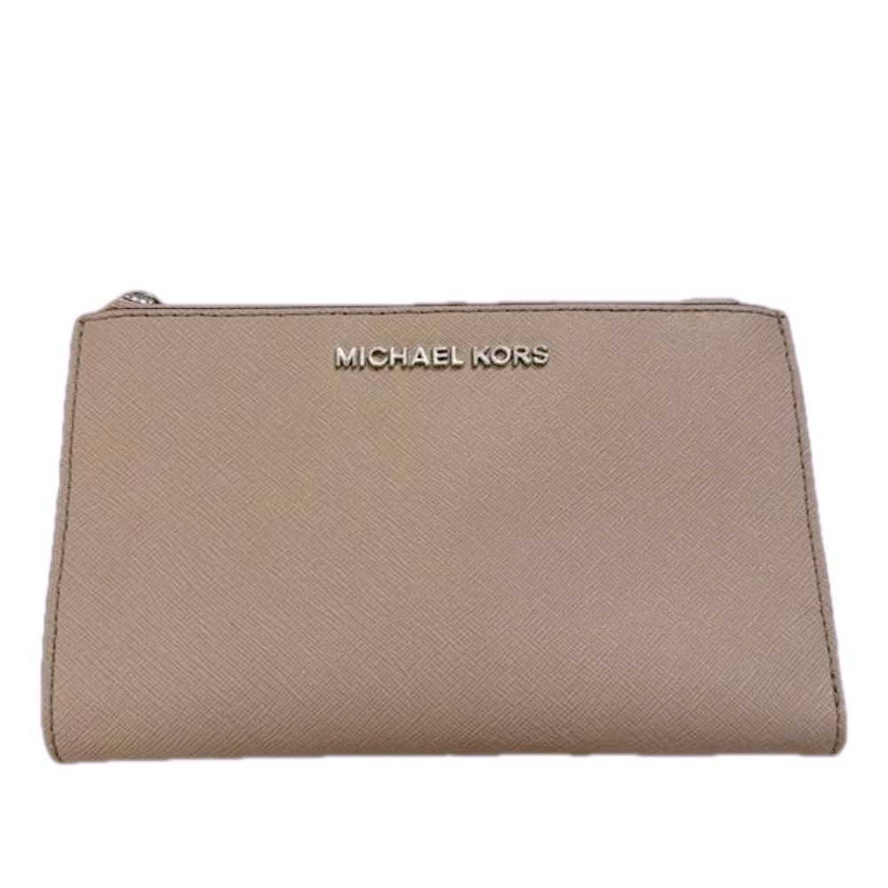 MICHAEL KORS Jet Set Double Zip Phone Wallet Pearl Grey Saffiano Leather